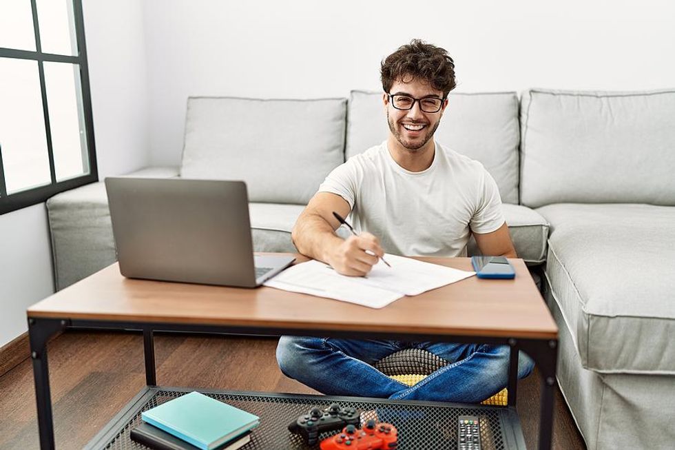 Happy man looks for a job